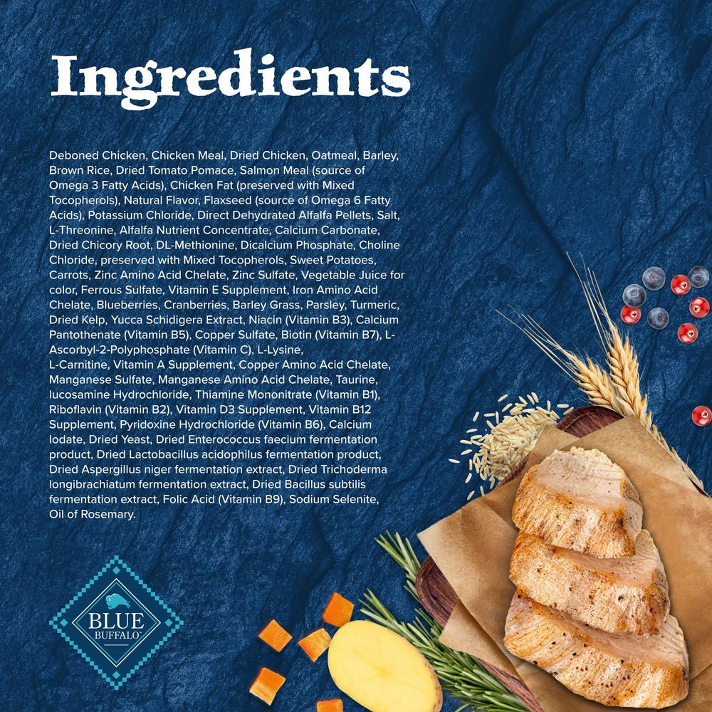 Blue Buffalo Wilderness wholesome ingredients packaging indicates no corn, wheat, or soy.