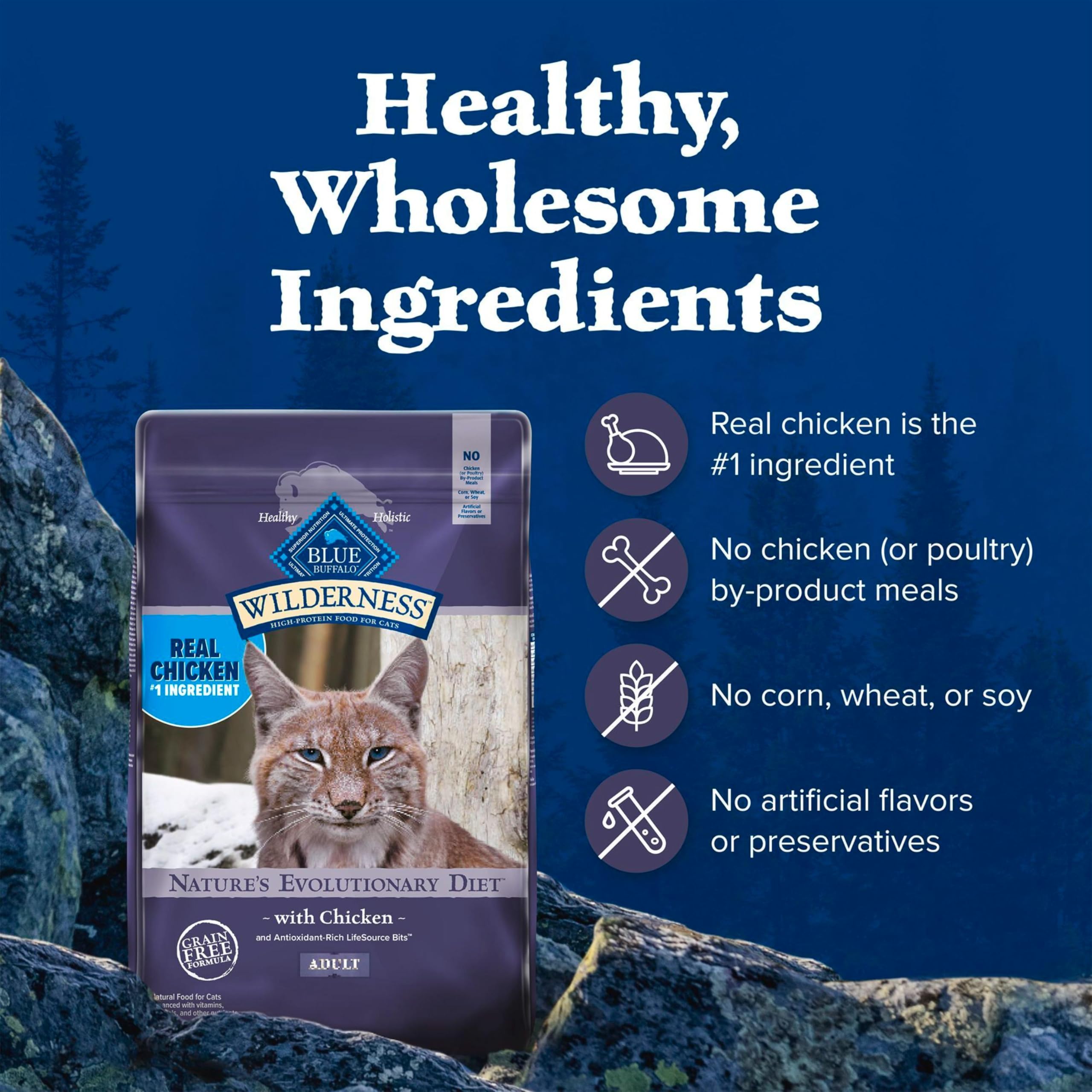 Blue Buffalo Wilderness no corn, wheat, or soy icon supporting digestion