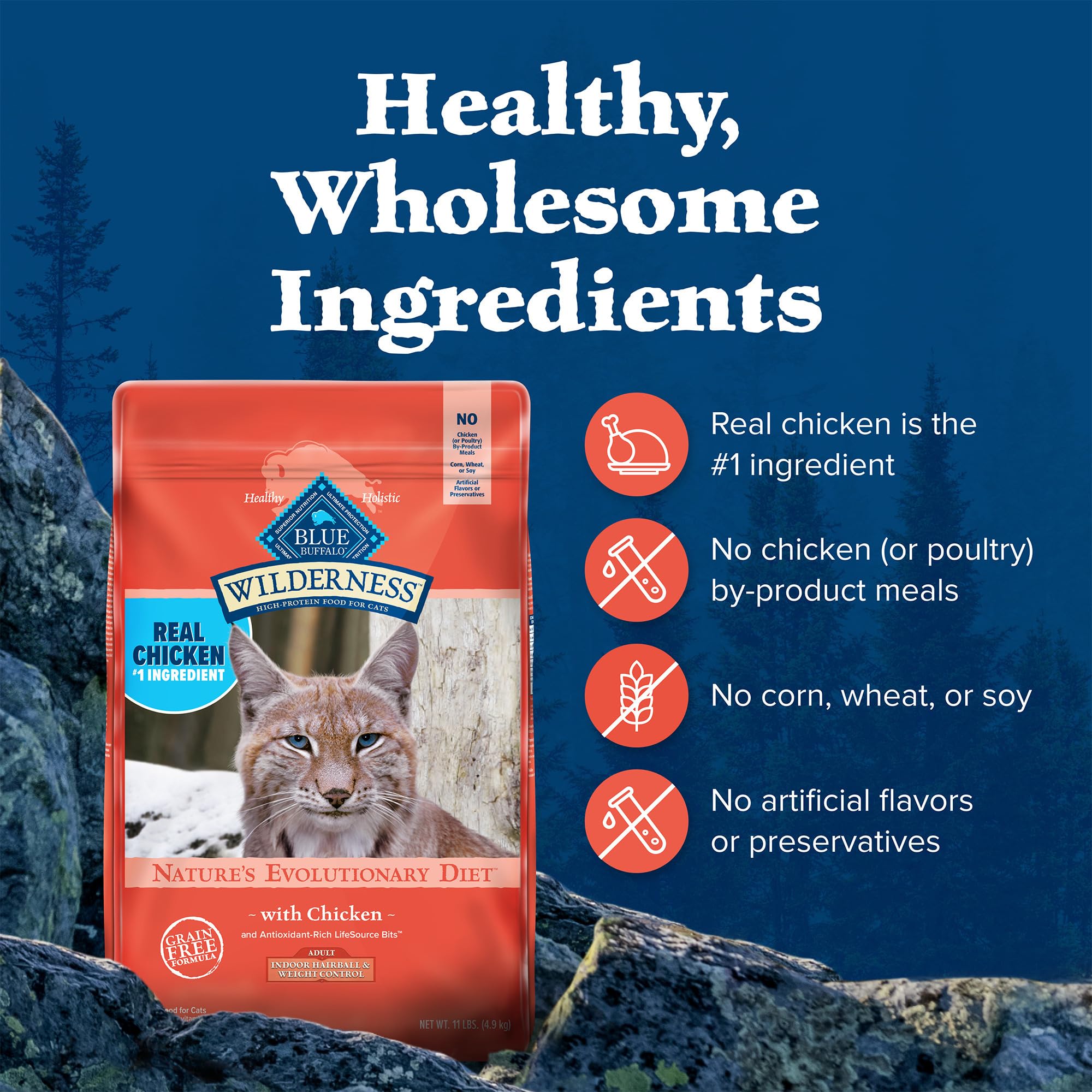 Blue Buffalo Wilderness No Corn Wheat Soy image highlights clean ingredients.
