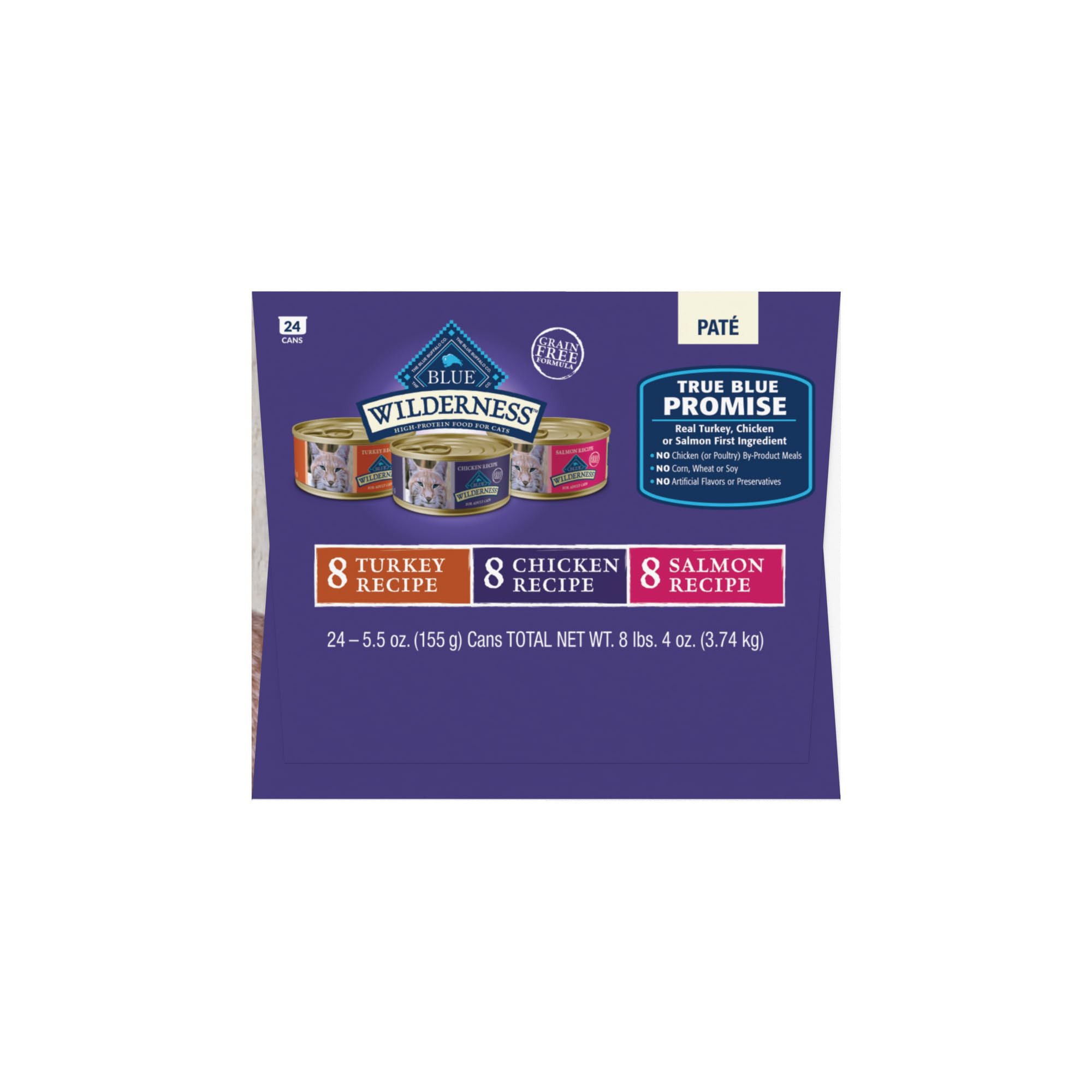 Blue Buffalo Wilderness No-Wheat formula close-up communicates gluten-free option for sensitive tummies.