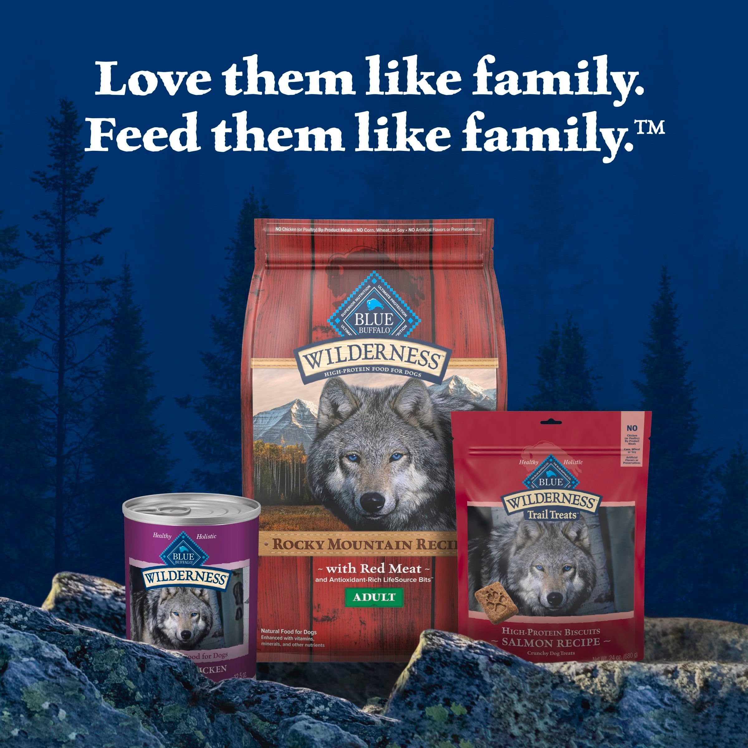 Blue Buffalo Wilderness benefit-focused image highlighting grain-free formula and no artificial flavors.