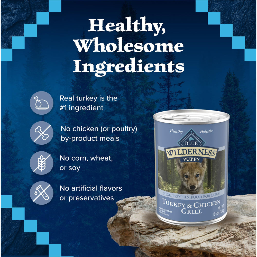 Blue Buffalo Wilderness 12.5-oz cans packaging highlights high-protein formula