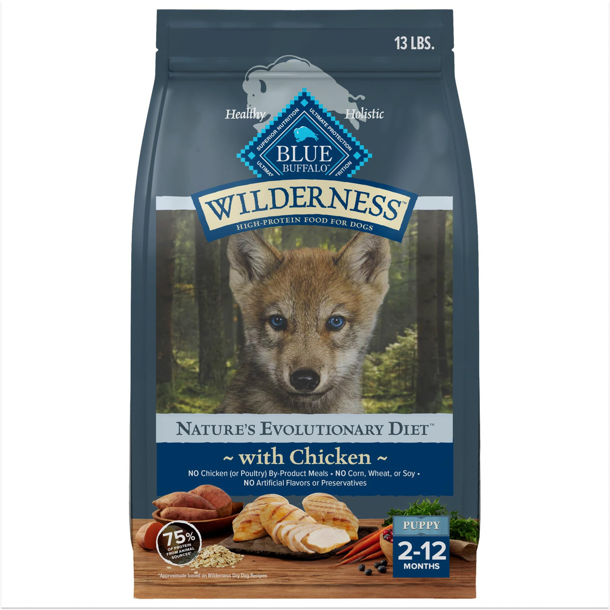 Blue Buffalo Wilderness Puppy front of bag shows real chicken first ingredient promoting growth.