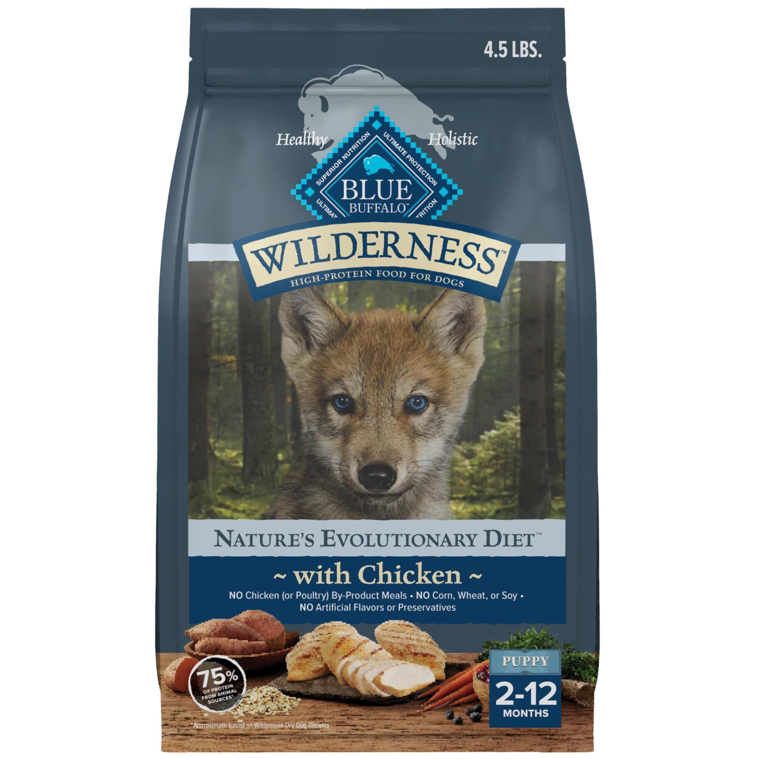 Blue Buffalo Wilderness Puppy Chicken-First image shows real chicken as top ingredient for tasty nutrition