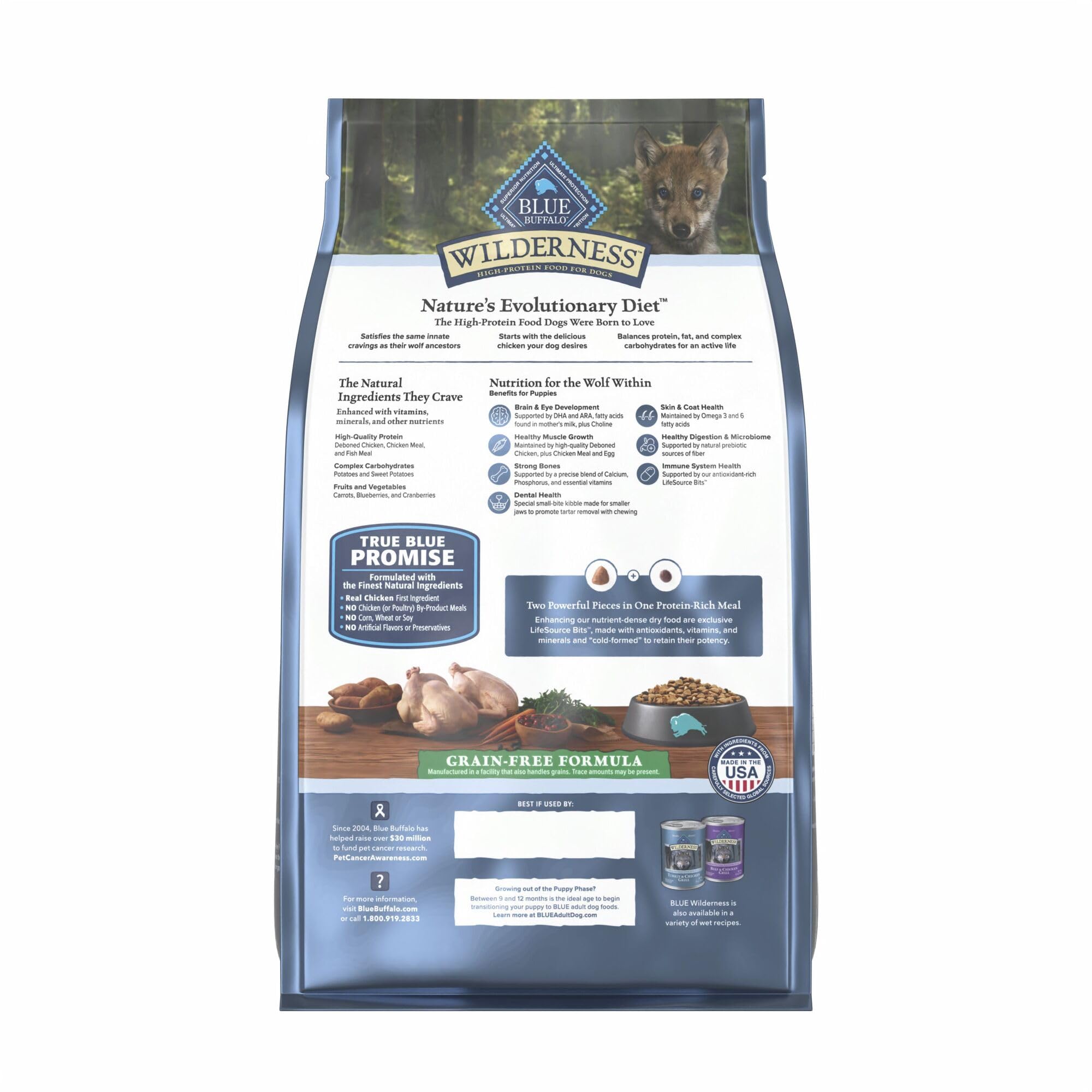 Close-up of Blue Buffalo Wilderness Puppy kibble with real chicken