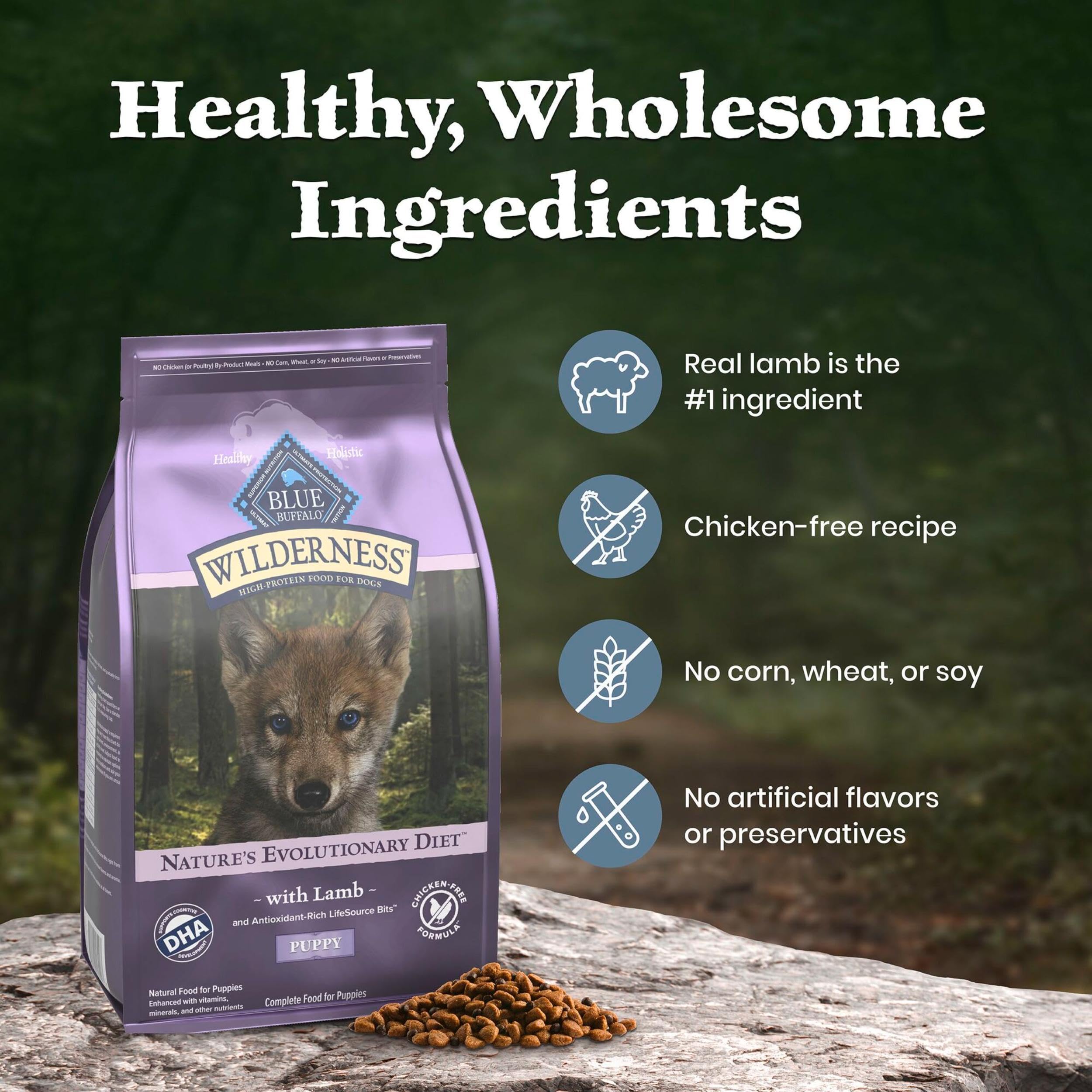 Blue Buffalo Wilderness Puppy glucosamine visuals suggest joint health support for active puppies.