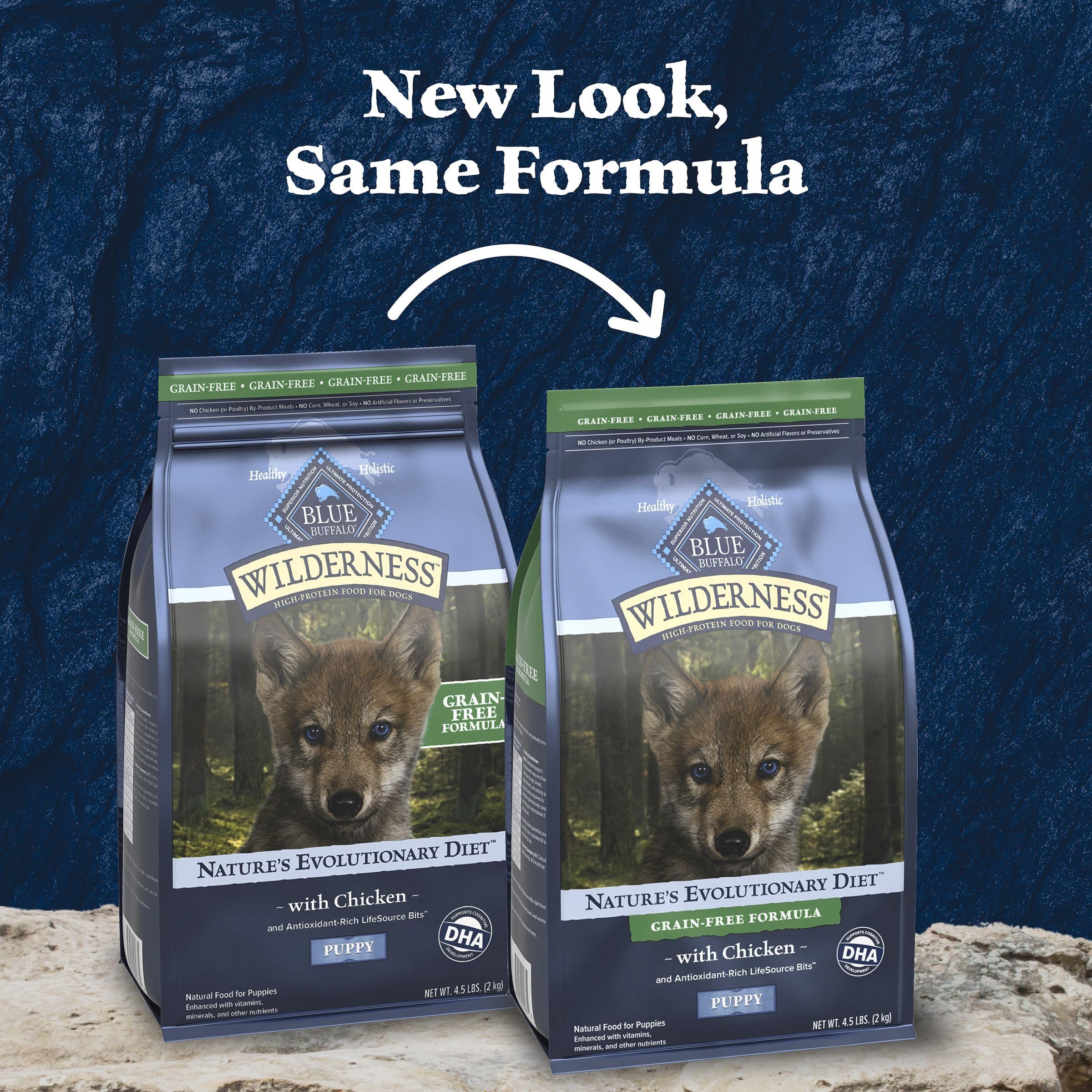Blue Buffalo Wilderness Puppy grain-free formula label highlighting grain-free option