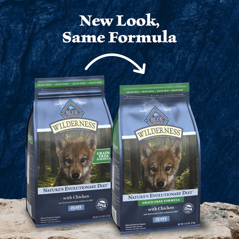 Blue Buffalo Wilderness Puppy grain-free formula label highlighting grain-free option