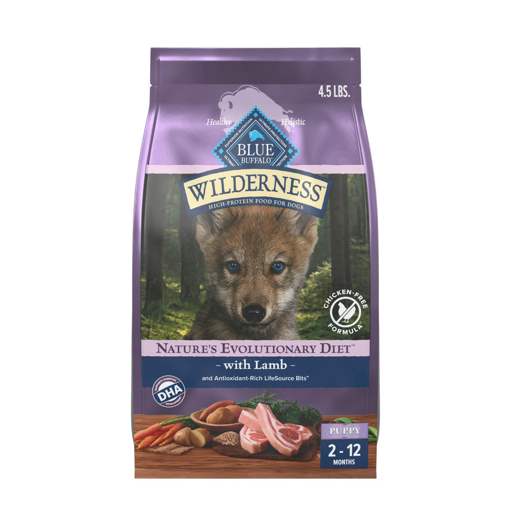 Blue Buffalo Wilderness Puppy lamb-first ingredient highlights protein-rich start for puppies.