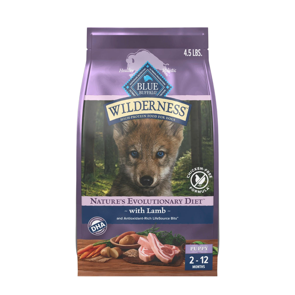 Blue Buffalo Wilderness Puppy lamb-first ingredient highlights protein-rich start for puppies.