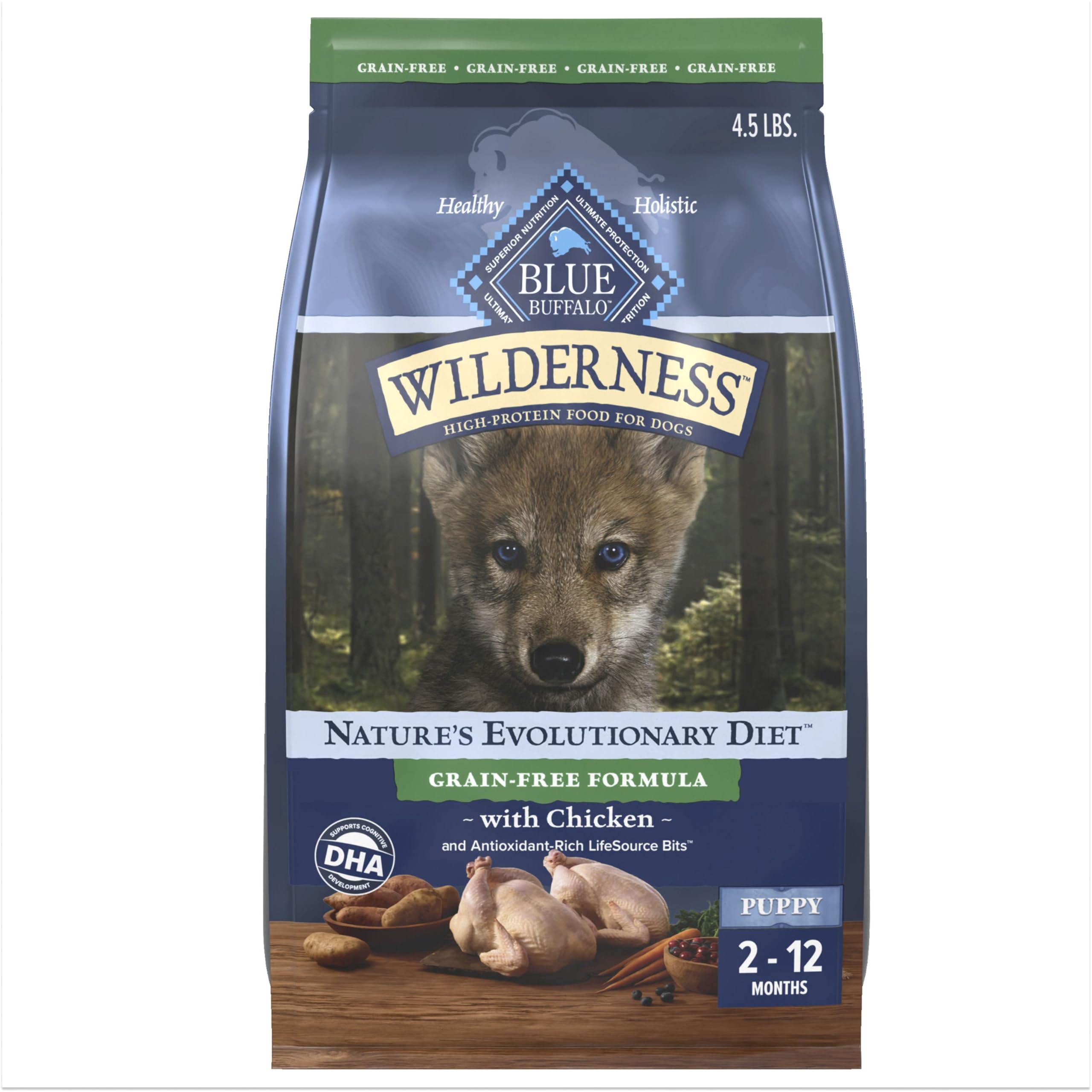 Blue Buffalo Wilderness Puppy packaging emphasizing real chicken as the first ingredient