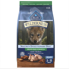 Blue Buffalo Wilderness Puppy packaging emphasizing real chicken as the first ingredient