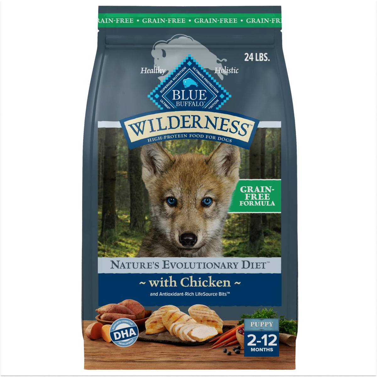 Blue Buffalo Wilderness Puppy real chicken bag front highlights protein-rich formula