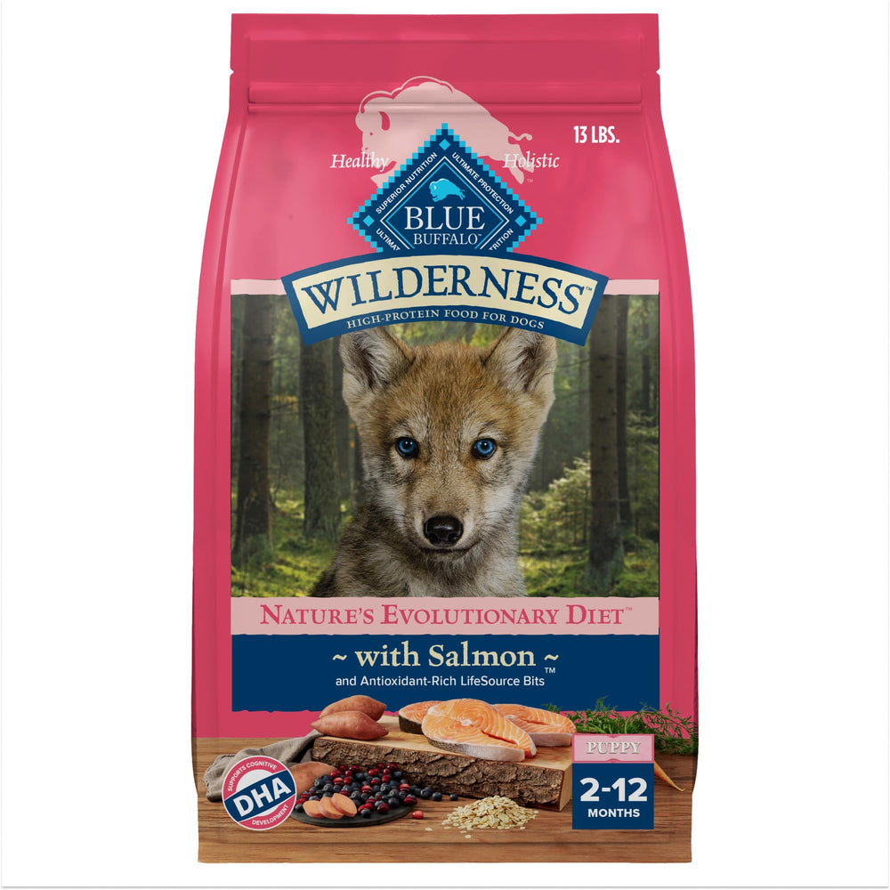 Blue Buffalo Wilderness Puppy Salmon bag packaging highlights real salmon as the main ingredient.