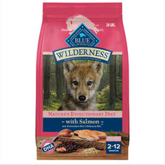 Blue Buffalo Wilderness Puppy Salmon First Ingredient bag highlights protein-rich nutrition