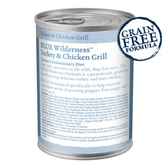 Blue Buffalo Wilderness puppy wet food can label highlights DHA for cognitive development
