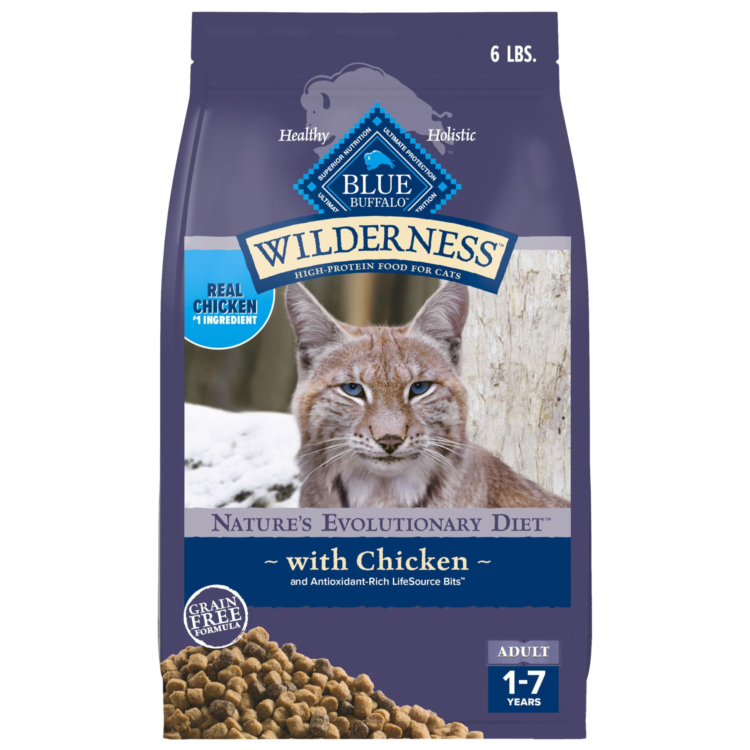 Blue Buffalo Wilderness real chicken first bag shows protein-forward dry cat food