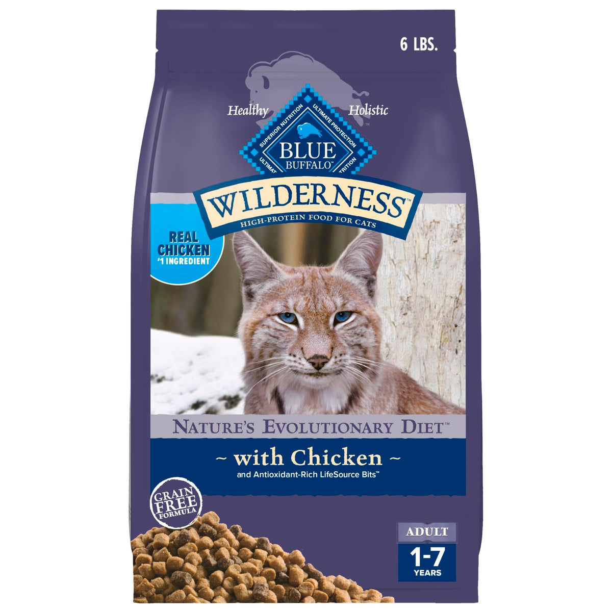 Blue Buffalo Wilderness real chicken first bag shows protein-forward dry cat food
