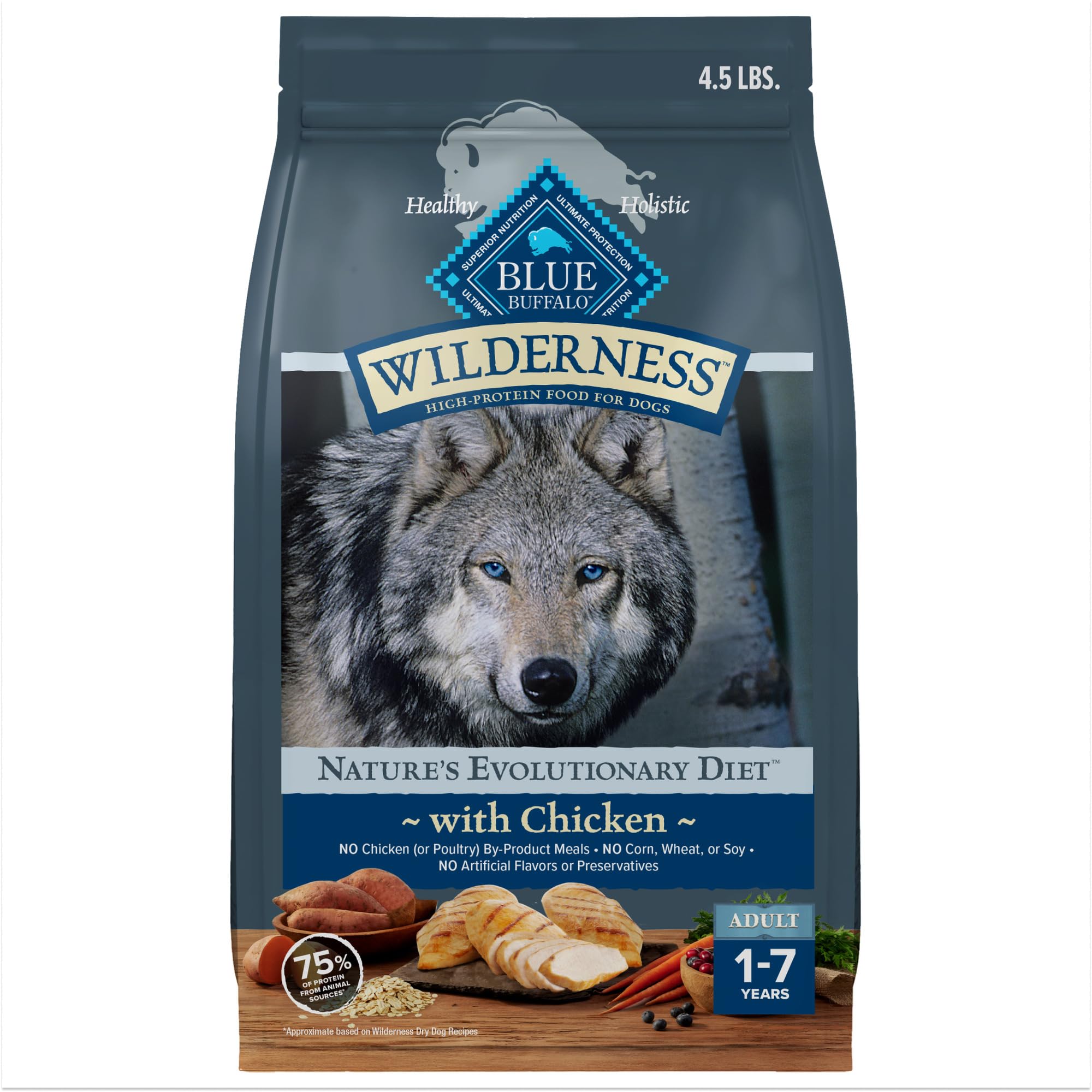 Blue Buffalo Wilderness real chicken first-ingredient dry dog food supports protein-rich meals for active dogs.