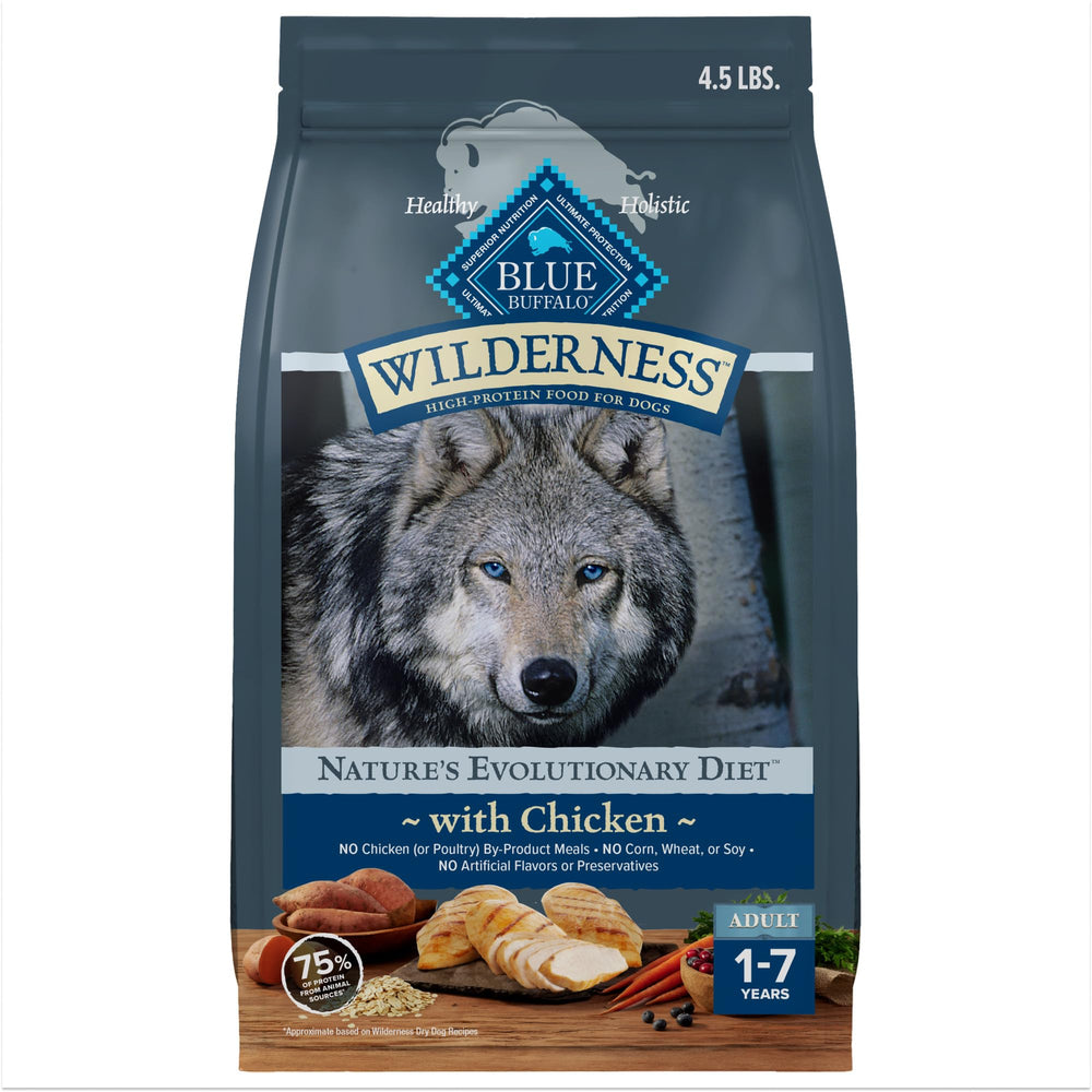Blue Buffalo Wilderness real chicken first-ingredient dry dog food supports protein-rich meals for active dogs.