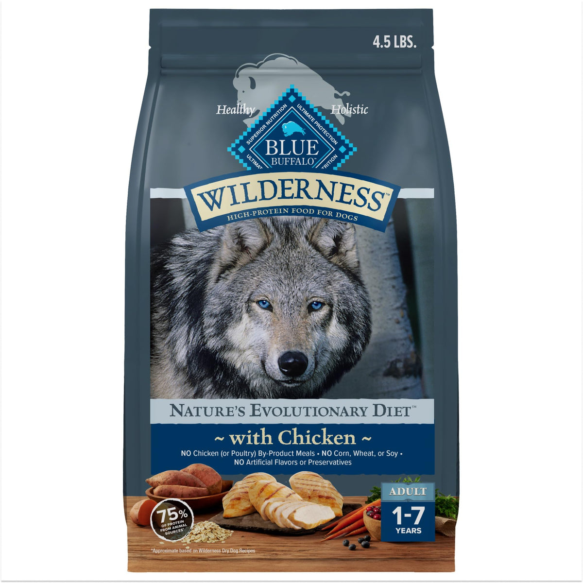 Blue Buffalo Wilderness real chicken first-ingredient dry dog food supports protein-rich meals for active dogs.