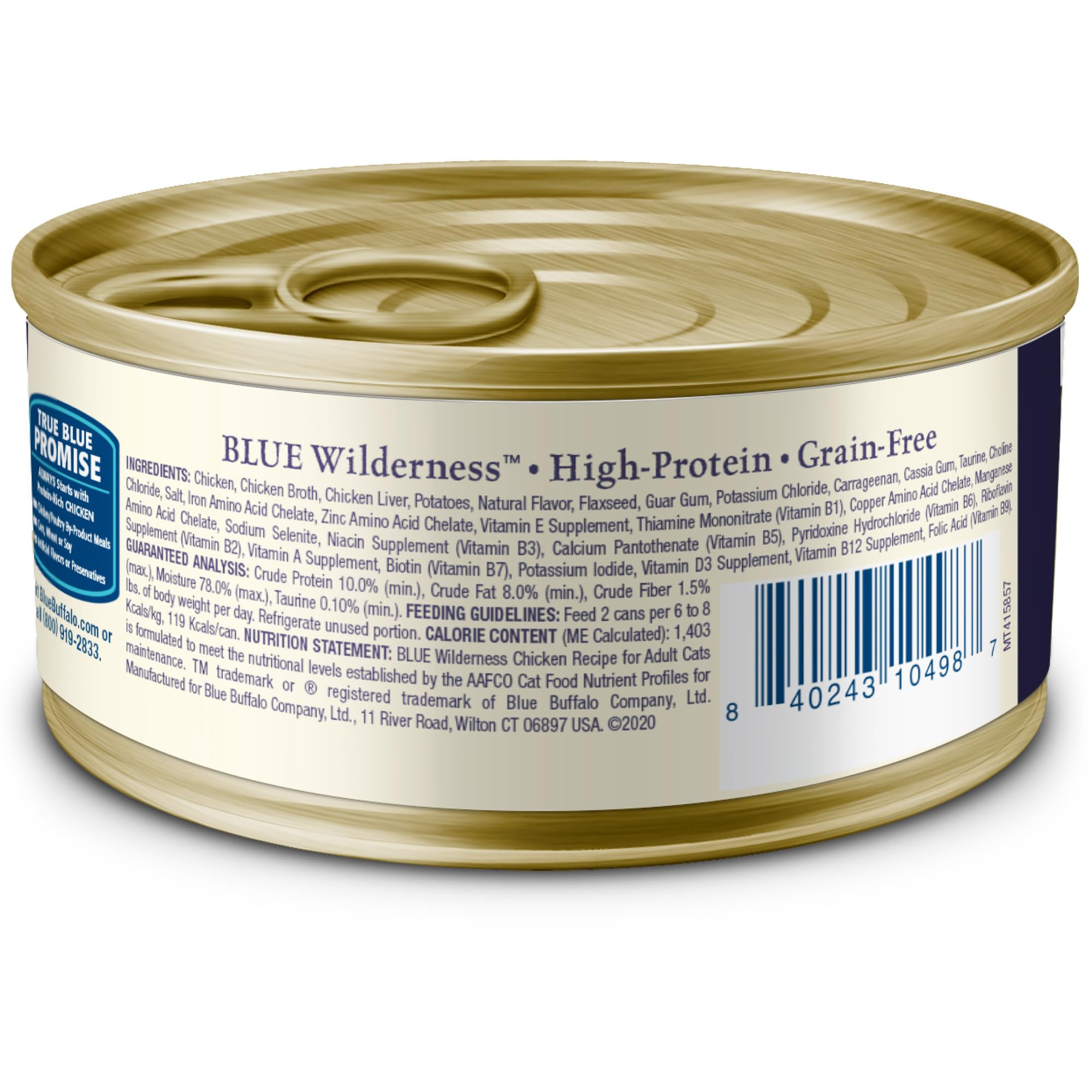 Blue Buffalo Wilderness real chicken first can emphasizes protein-rich nutrition.