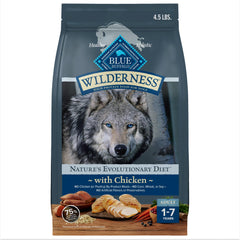 Blue Buffalo Wilderness real chicken first-ingredient dry dog food supports protein-rich meals for active dogs.
