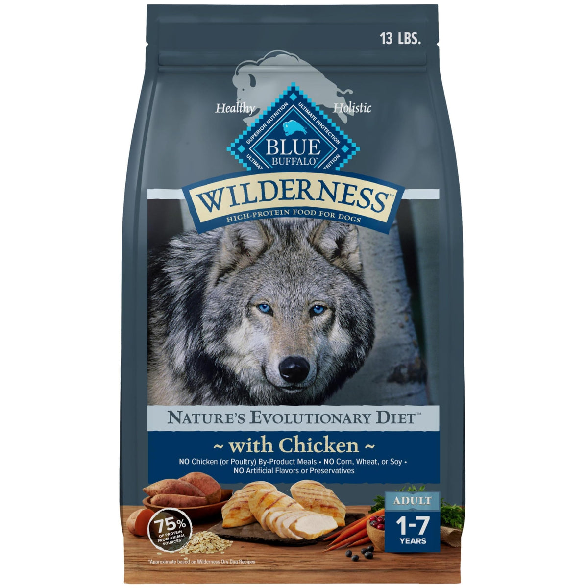 Blue Buffalo Wilderness real chicken-first image highlights protein for active dogs.