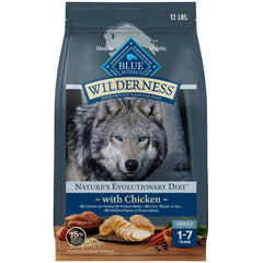 Blue Buffalo Wilderness real chicken-first image highlights protein for active dogs.