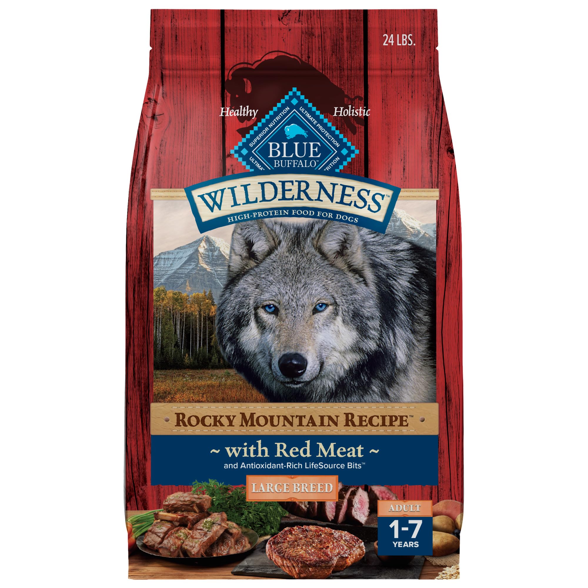 Blue Buffalo Wilderness Rocky Mountain bag packaging highlights real beef for energy and wholesome grains.