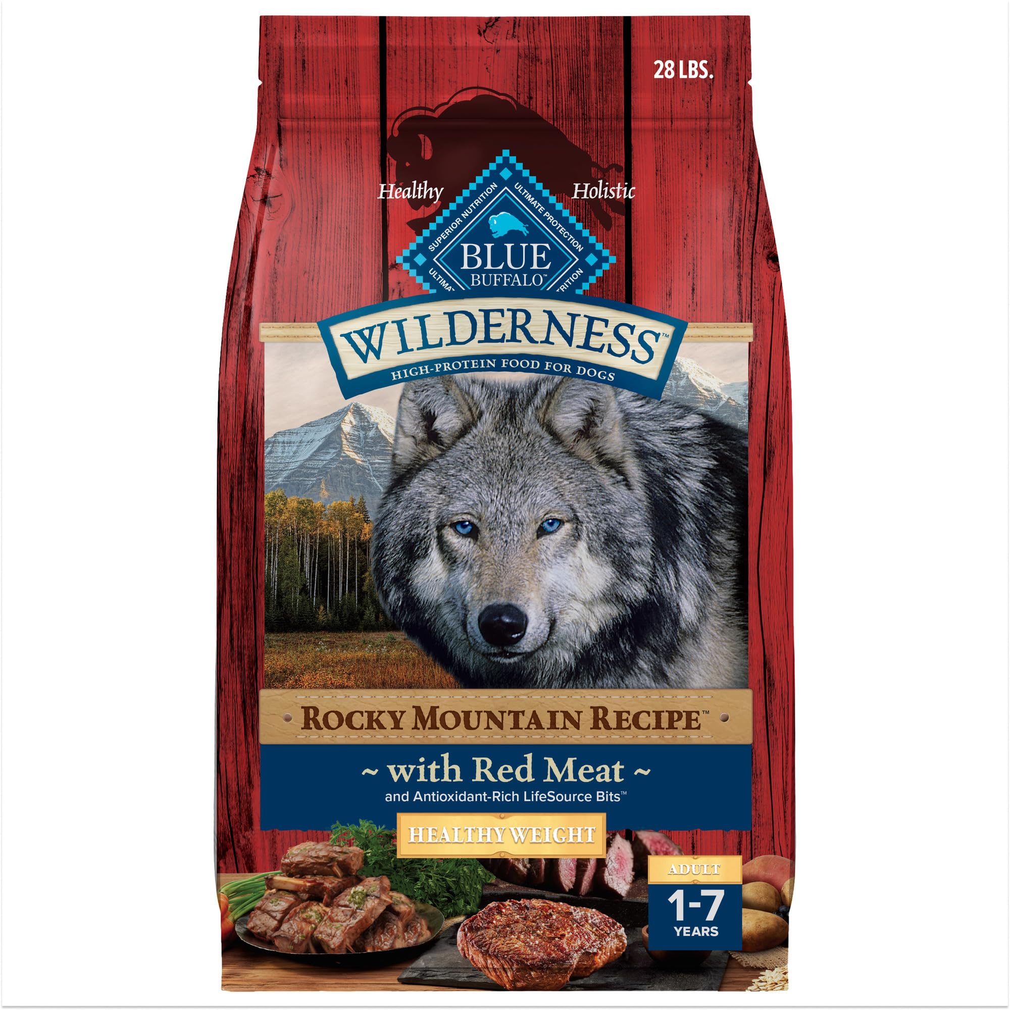 Blue Buffalo Wilderness Rocky Mountain beef-first ingredient kibble supports lean protein for dogs