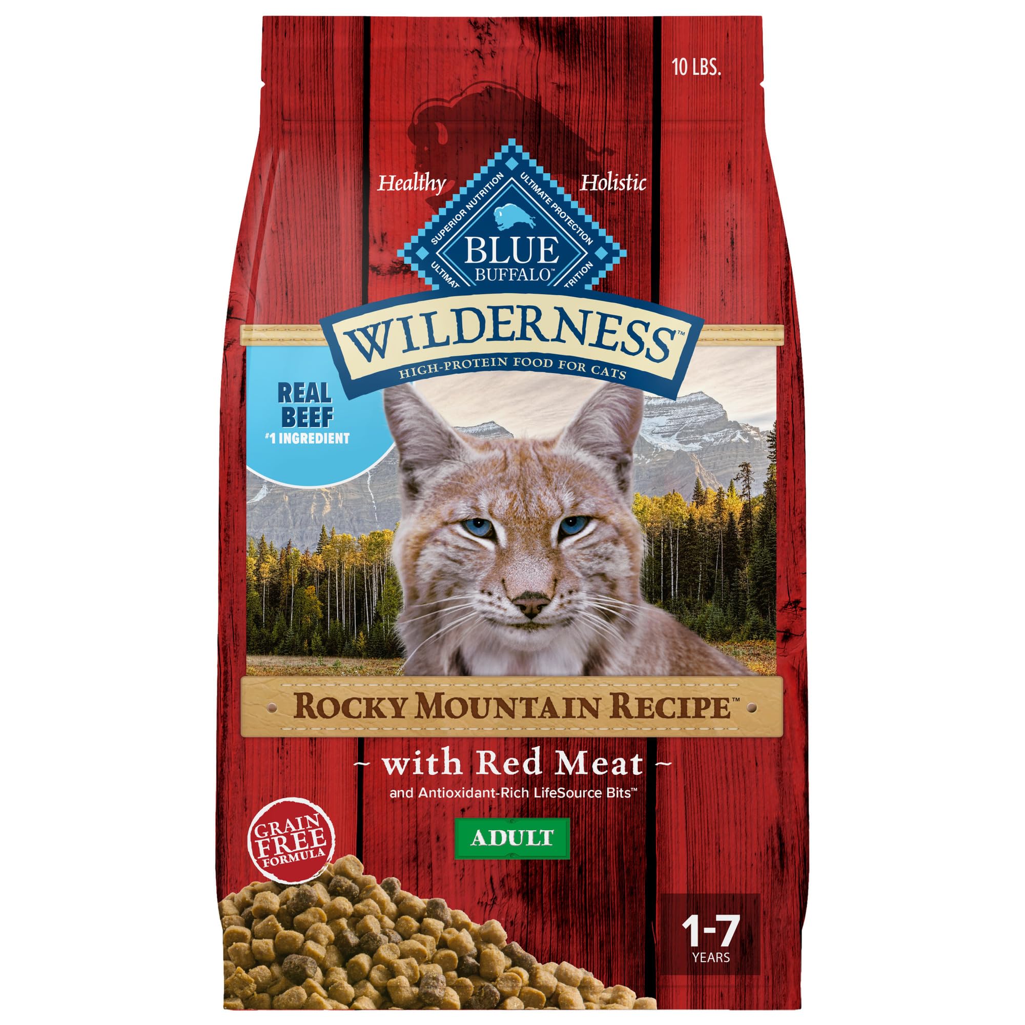 Blue Buffalo Wilderness Rocky Mountain beef-first ingredient cat food bag highlights real beef for muscle support
