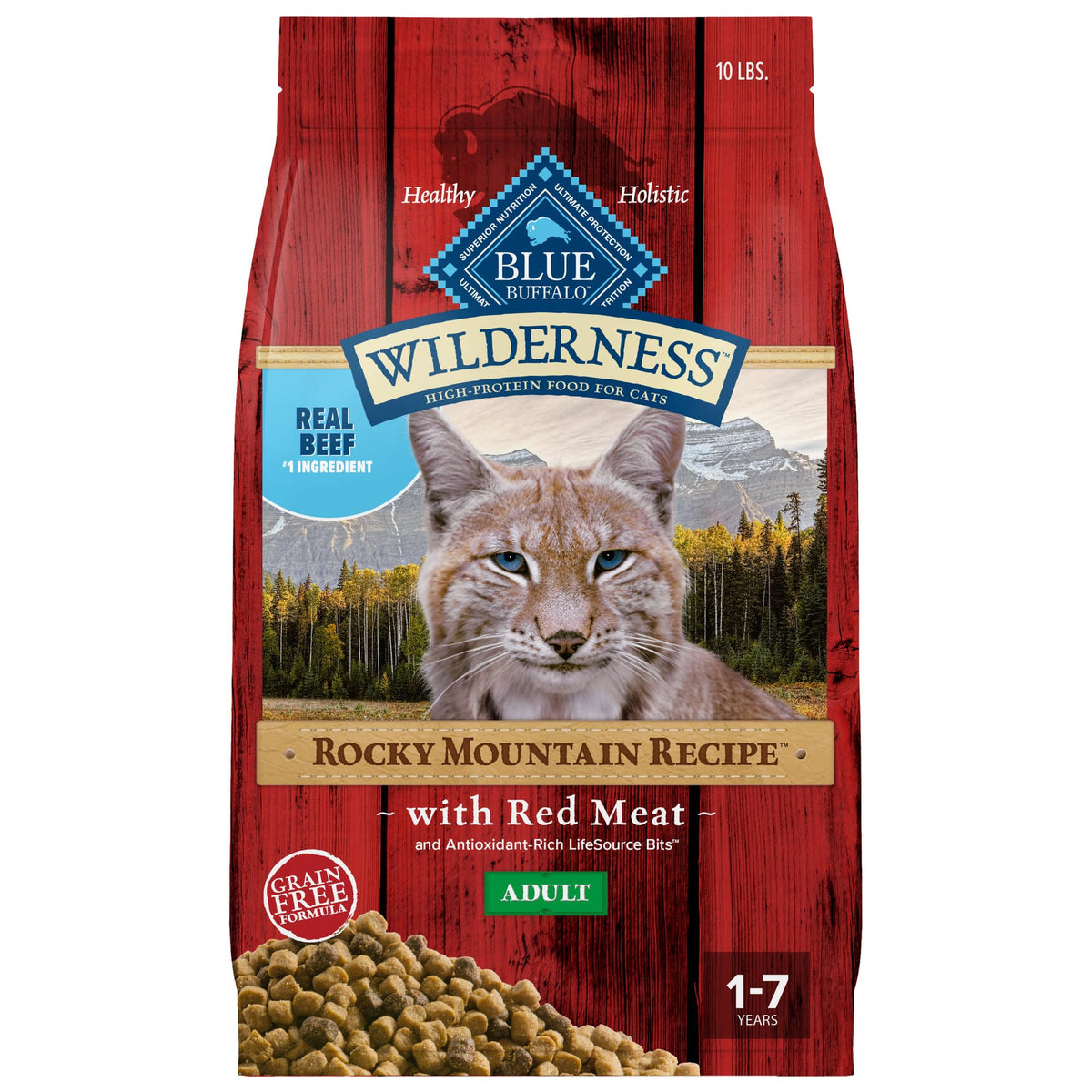 Blue Buffalo Wilderness Rocky Mountain beef-first ingredient cat food bag highlights real beef for muscle support