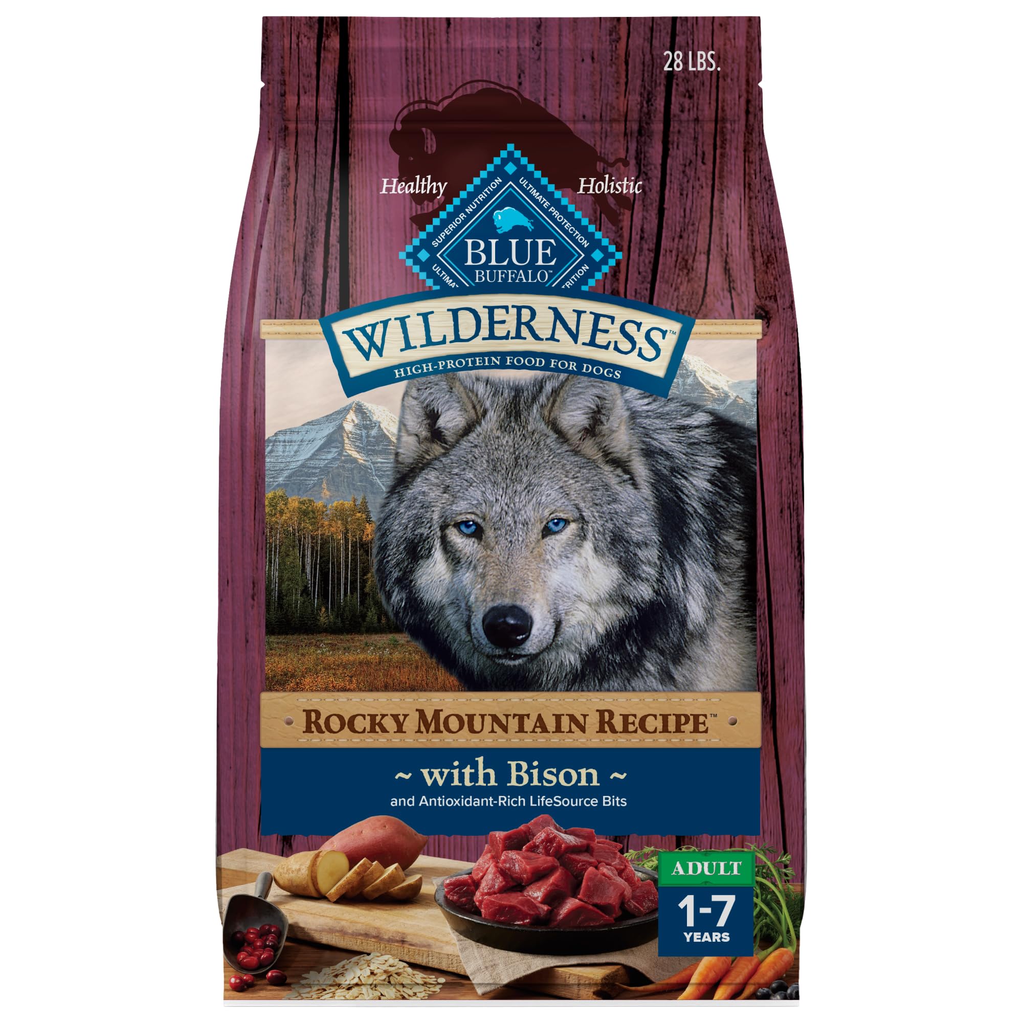 Blue Buffalo Wilderness Rocky Mountain bison kibble bag highlighting high-protein nutrition for active dogs.