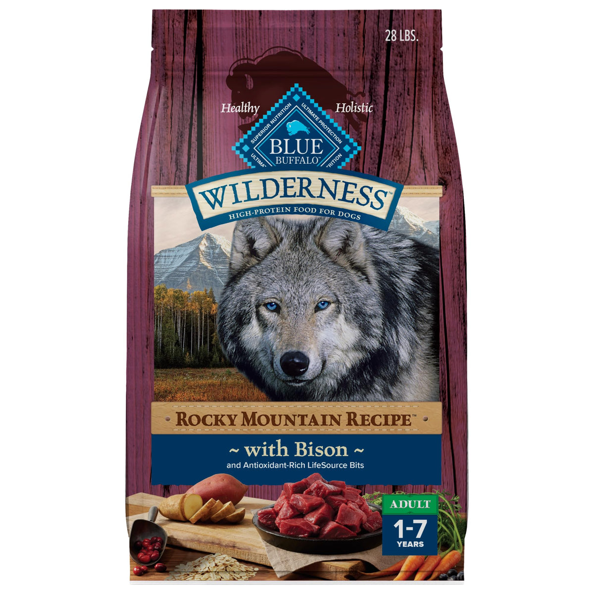 Blue Buffalo Wilderness Rocky Mountain bison kibble bag highlighting high-protein nutrition for active dogs.