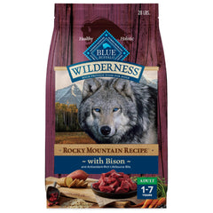 Blue Buffalo Wilderness Rocky Mountain bison kibble bag highlighting high-protein nutrition for active dogs.