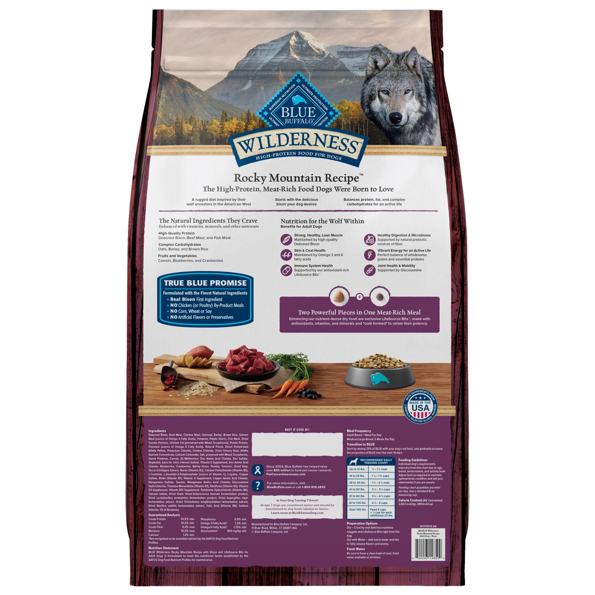 Blue Buffalo Wilderness ingredient list close-up showing wholesome grains and vegetables.