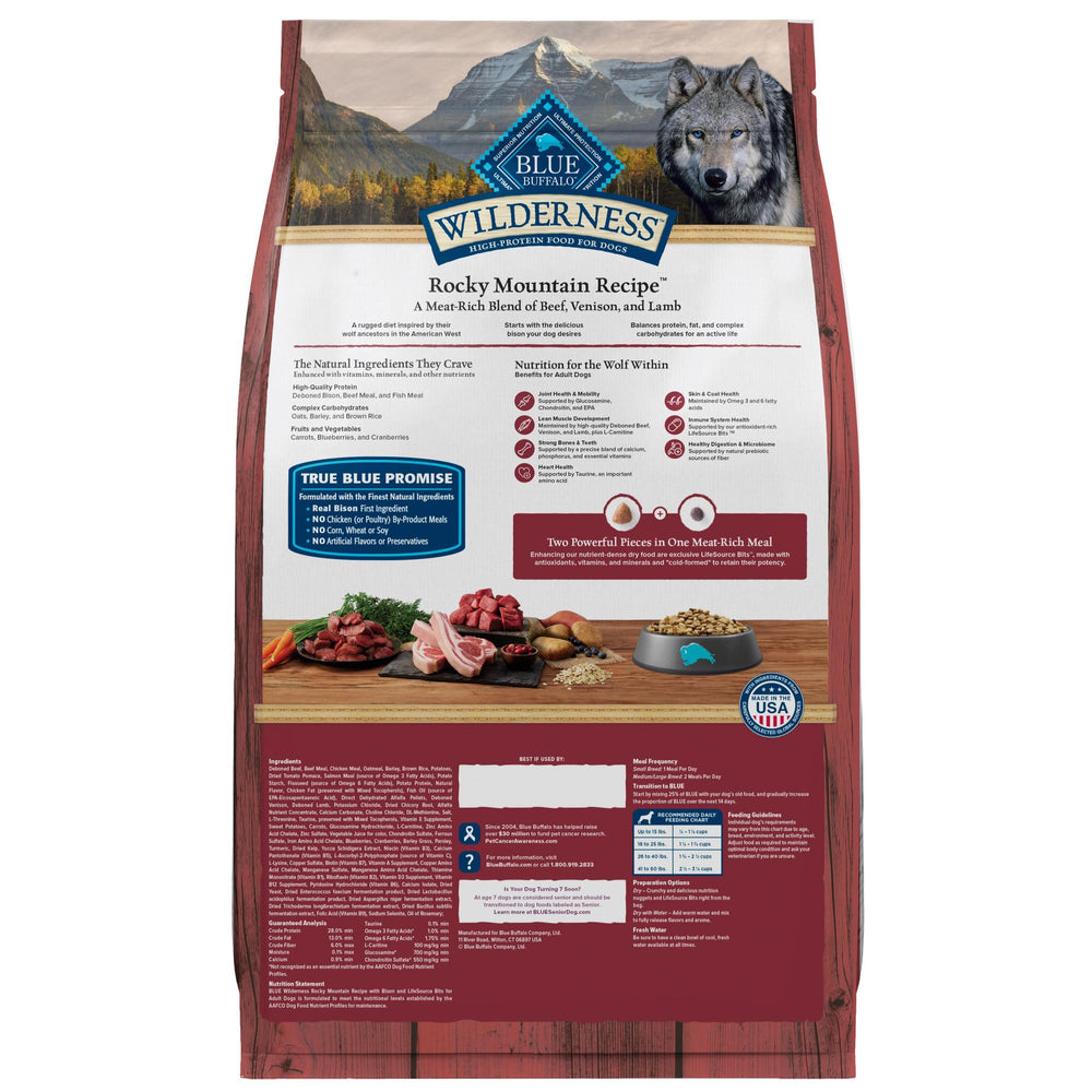 Blue Buffalo Wilderness Rocky Mountain kibble with venison and lamb flavor