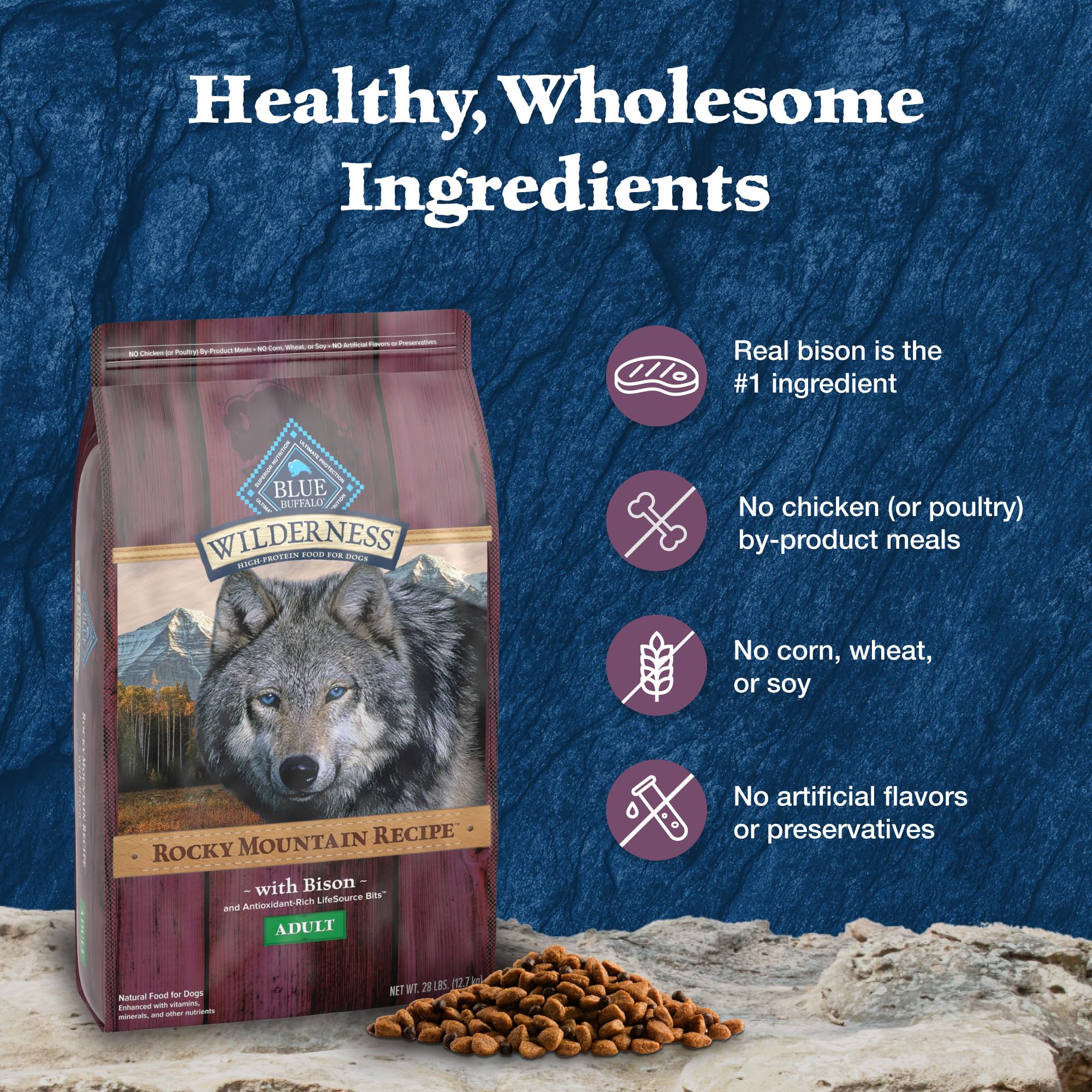 Blue Buffalo Wilderness LifeSource Bits antioxidants supporting immune health in every bite.