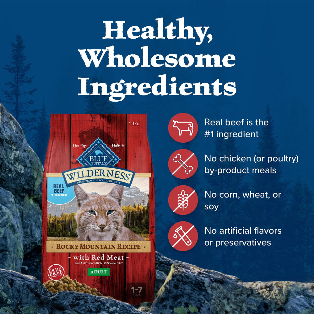Blue Buffalo Wilderness Rocky Mountain packaging design highlights beef first ingredient benefits