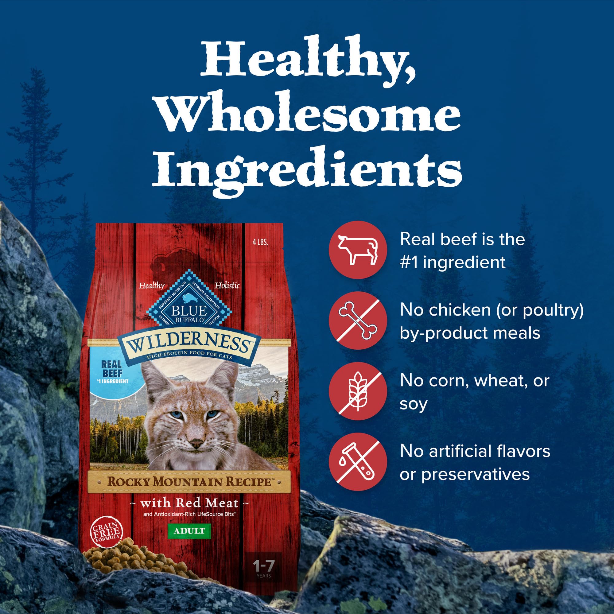 Blue Buffalo Wilderness Rocky Mountain packaging highlights natural ingredients graphic