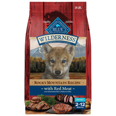 Blue Buffalo Wilderness Puppy beef-first kibble close-up; protein-rich formula supports growth.