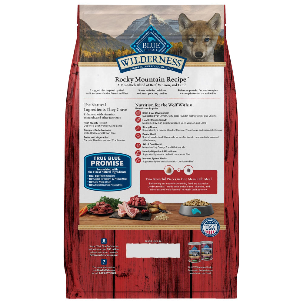 Blue Buffalo Wilderness puppy kibble close-up emphasizes beef-rich protein for active growth.