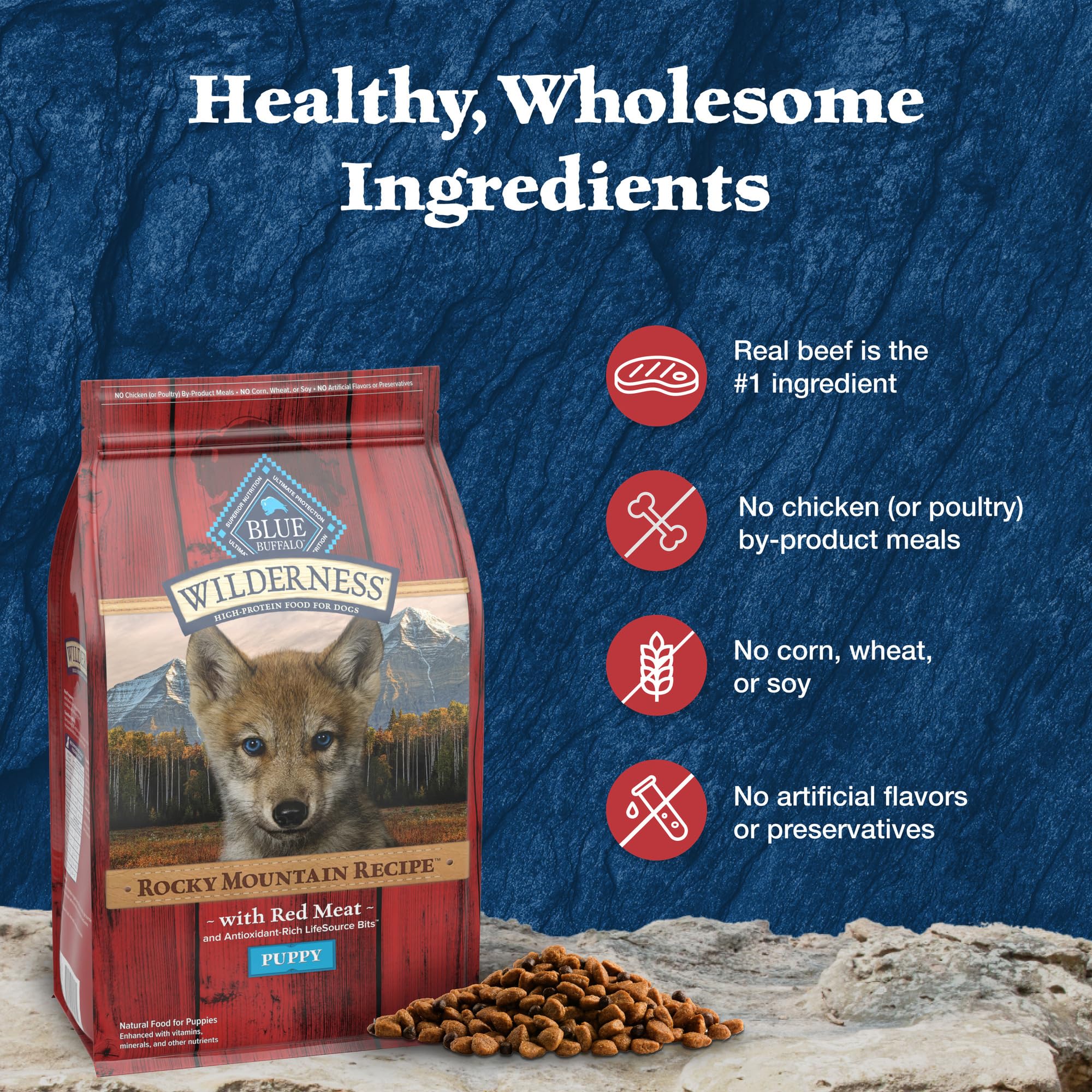 Serving bowl scene with Blue Wilderness Rocky Mountain Puppy kibble ready for mealtime.