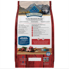 Blue Buffalo Wilderness Rocky Mountain Red Meat bag nutrition panel highlights protein.