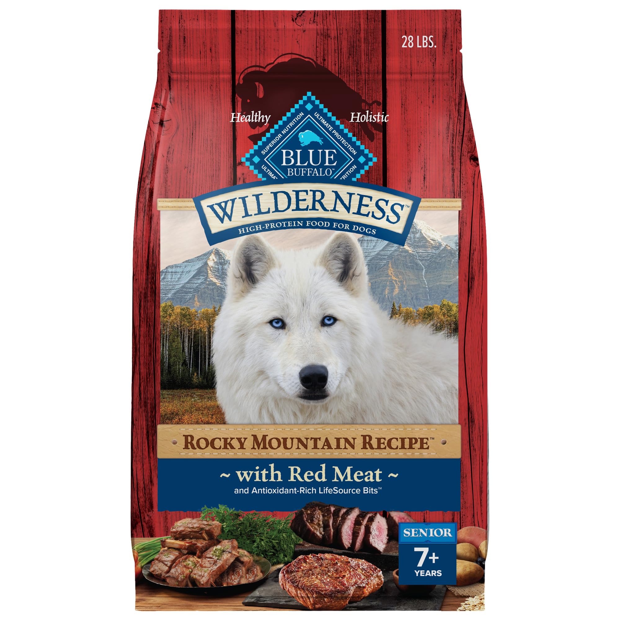 Blue Buffalo Wilderness Rocky Mountain red meat bag shows high-protein nourishment for active senior dogs