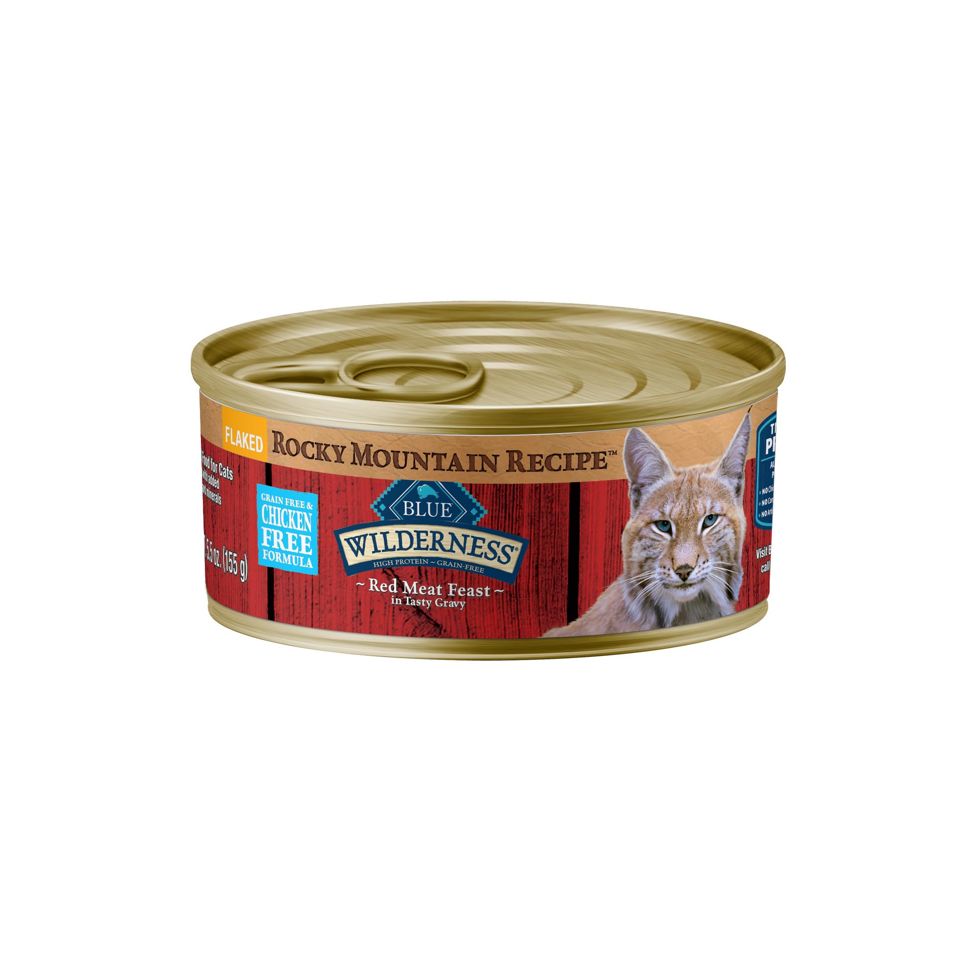 Blue Buffalo Wilderness Rocky Mountain red meat in gravy can shows protein-forward meal for active cats