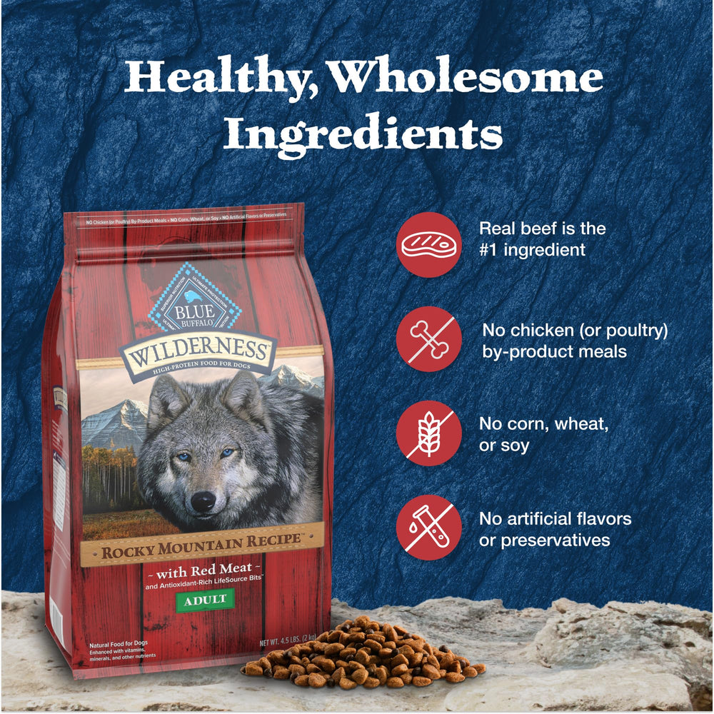 Blue Buffalo Wilderness Rocky Mountain Red Meat LifeSource Bits indicate antioxidant support.