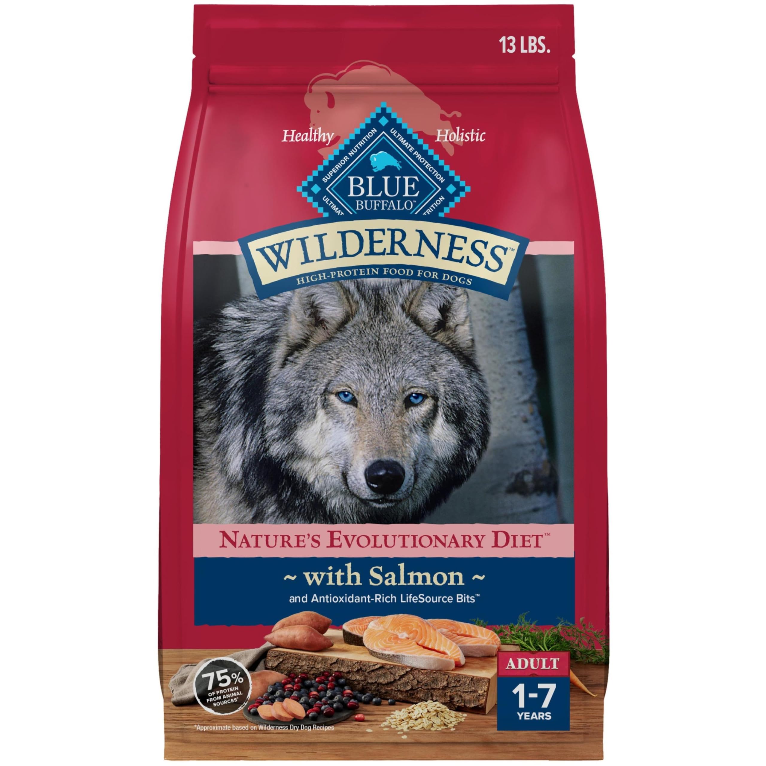 Blue Buffalo Wilderness Salmon bag front highlights real salmon as the first ingredient for healthy muscles.