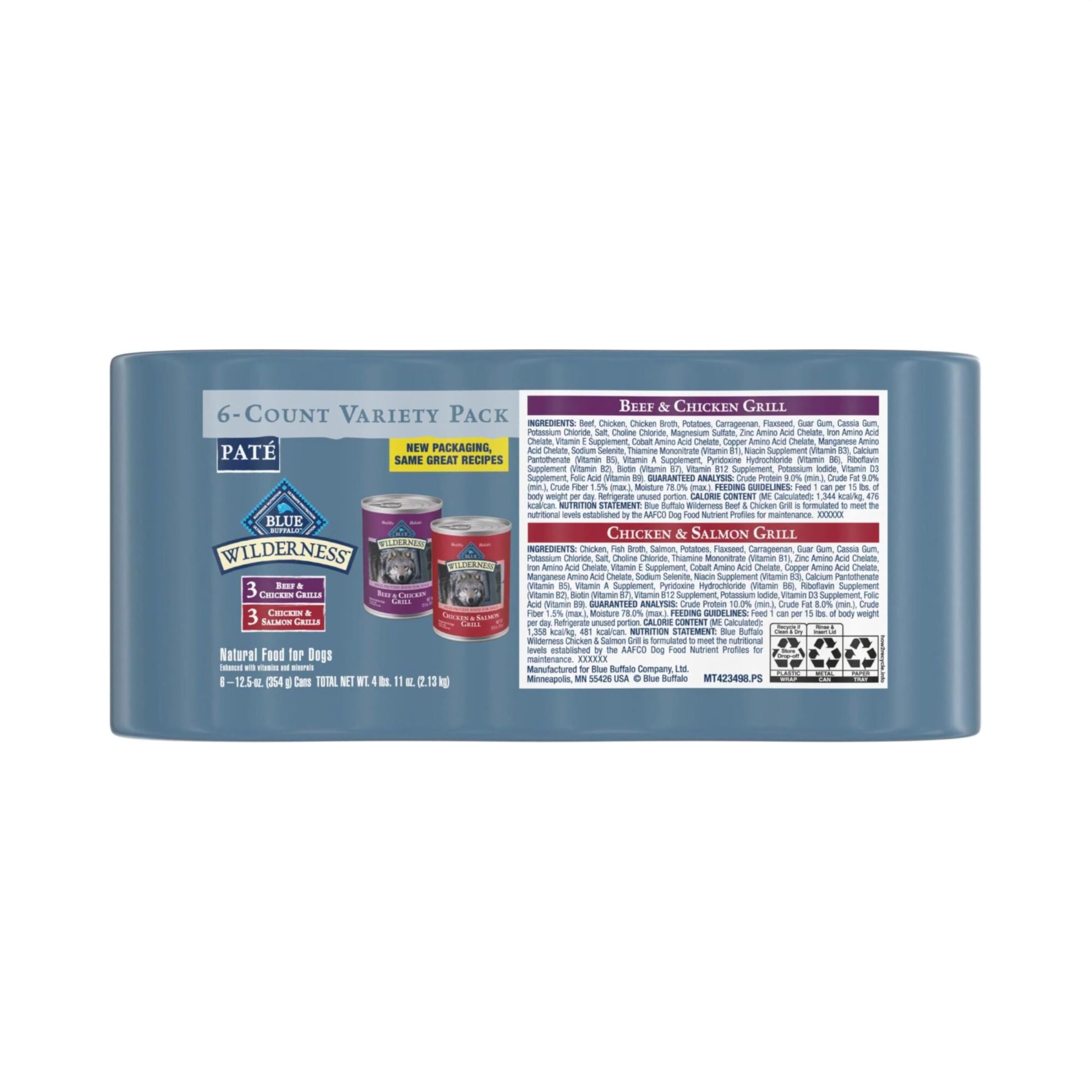 Blue Buffalo Wilderness salmon and chicken wet food can – grain-free protein option for dogs.